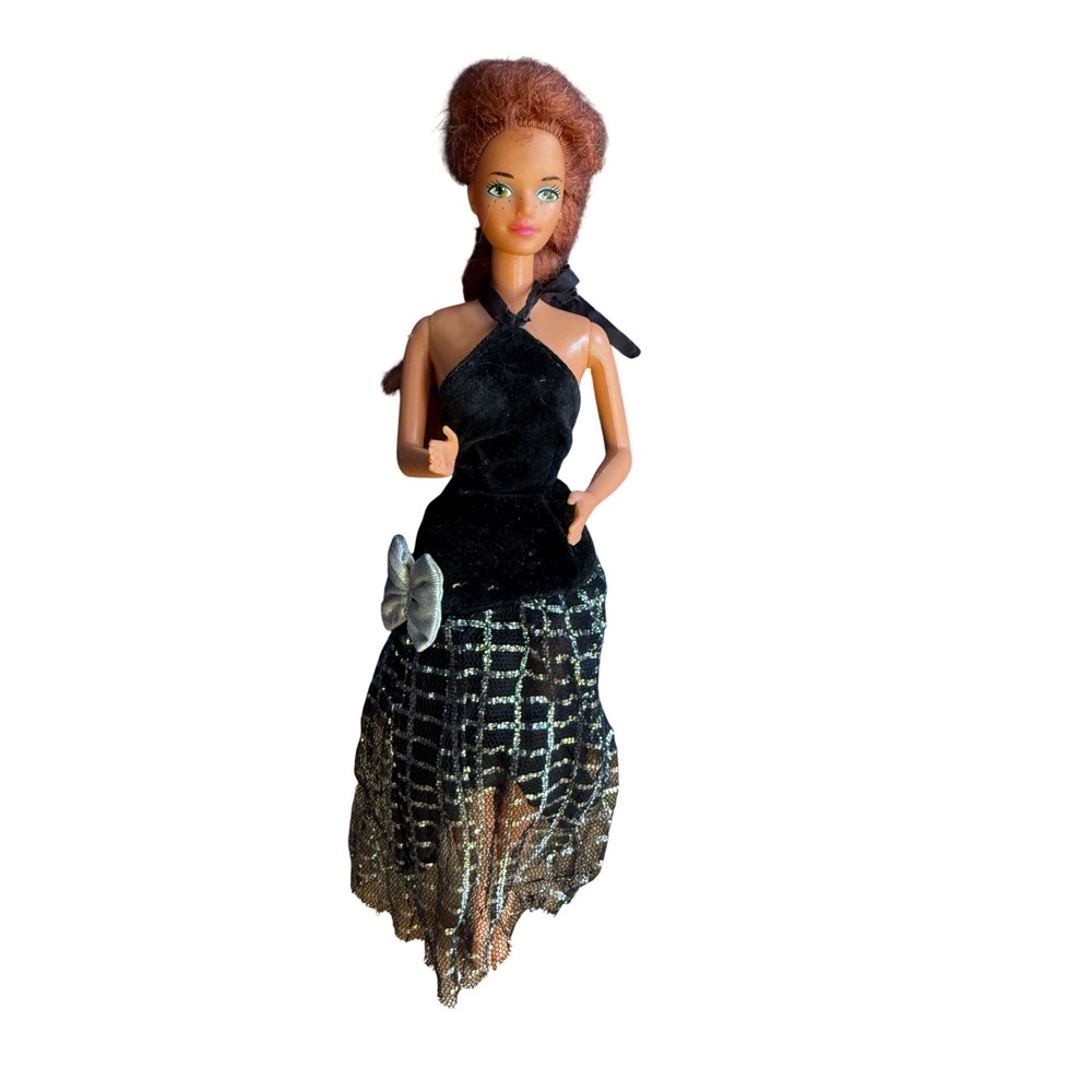 Vintage 1985 Mattel Midge Doll Red Hair Black Velvet Silver Mesh Dress